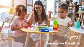  Presentation with cutlery food - Beautiful theme featuring young beautiful teacher and toddlers playing meals using plastic food and cutlery toy at kindergarten backdrop and a coral colored foreground
