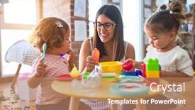  Presentation with cutlery food - PPT theme consisting of young beautiful teacher and toddlers playing meals using plastic food and cutlery toy at kindergarten background and a coral colored foreground
