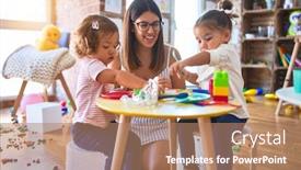  Presentation with cutlery food - Beautiful presentation design featuring young-beautiful-teacher-and-toddlers backdrop and a coral colored foreground