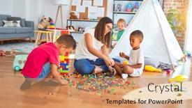  Presentation with building blocks - PPT theme enhanced with young-beautiful-teacher-and-toddlers background and a coral colored foreground
