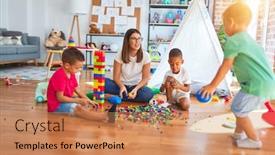  Presentation with toddlers - Slides having young-beautiful-teacher-and-toddlers background and a coral colored foreground