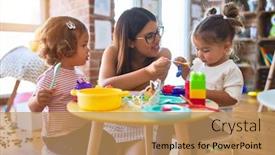  Presentation with cutlery food - PPT theme having young-beautiful-teacher-and-toddlers background and a coral colored foreground