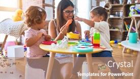  Presentation with food meals - PPT theme having young-beautiful-teacher-and-toddlers background and a coral colored foreground