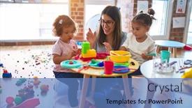  Presentation with toddlers - Presentation design featuring young-beautiful-teacher-and-toddlers background and a teal colored foreground
