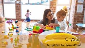  Presentation with toddlers - Amazing slide deck having young-beautiful-teacher-and-toddlers backdrop and a gold colored foreground