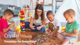  Presentation with building blocks - Amazing theme having young-beautiful-teacher-and-toddlers backdrop and a red colored foreground