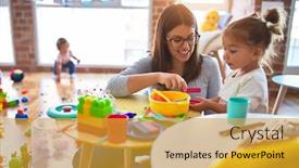  Presentation with kindergarten - Beautiful slide deck featuring young-beautiful-teacher-and-toddlers backdrop and a gold colored foreground
