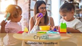  Presentation with cutlery food - Theme enhanced with young-beautiful-teacher-and-toddlers background and a coral colored foreground