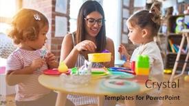  Presentation with cutlery food - Beautiful presentation design featuring young-beautiful-teacher-and-toddlers backdrop and a coral colored foreground