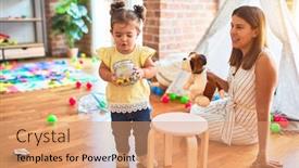  Presentation with doll - Colorful presentation design enhanced with young-beautiful-teacher-playing backdrop and a coral colored foreground