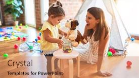  Presentation with doll - Amazing slide set having young-beautiful-teacher-playing backdrop and a coral colored foreground