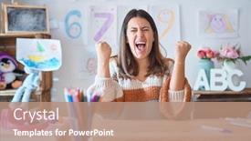  Presentation with teacher - Presentation design enhanced with young beautiful teacher woman wearing sweater and glasses sitting on desk at kindergarten very happy and excited doing winner gesture with arms raised smiling and screaming for success background and a coral colored foreground