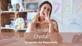  Presentation with romantic love - Beautiful presentation design featuring young beautiful teacher woman wearing sweater and glasses sitting on desk at kindergarten smiling in love showing heart symbol and shape with hands romantic concept backdrop and a coral colored foreground