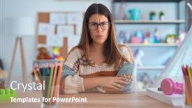  Presentation with teacher - Slide set with young-beautiful-teacher-woman-wearing background and a  colored foreground