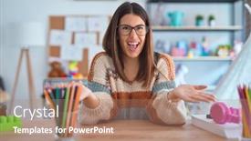  Presentation with teacher - Slide deck featuring young-beautiful-teacher-woman-wearing background and a coral colored foreground