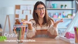  Presentation with teacher - Slide deck with young-beautiful-teacher-woman-wearing background and a coral colored foreground