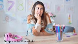  Presentation with teacher - Slide deck having young-beautiful-teacher-woman-wearing background and a coral colored foreground