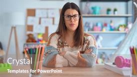  Presentation with teacher - Slide deck with young-beautiful-teacher-woman-wearing background and a coral colored foreground