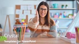  Presentation with teacher - PPT layouts having young-beautiful-teacher-woman-wearing background and a coral colored foreground