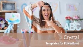  Presentation with teacher - Beautiful slides featuring young-beautiful-teacher-woman-wearing backdrop and a coral colored foreground
