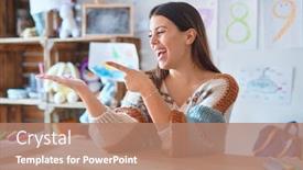  Presentation with teacher - Colorful slide deck enhanced with young-beautiful-teacher-woman-wearing backdrop and a coral colored foreground