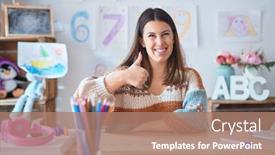  Presentation with teacher - Theme having young-beautiful-teacher-woman-wearing background and a coral colored foreground