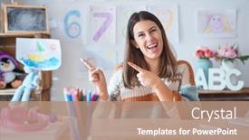  Presentation with teacher - Audience pleasing slide set consisting of young-beautiful-teacher-woman-wearing backdrop and a coral colored foreground
