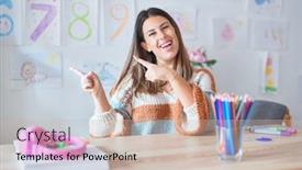  Presentation with teacher - Slide deck enhanced with young-beautiful-teacher-woman-wearing background and a soft green colored foreground