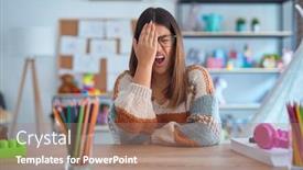  Presentation with face pain - Audience pleasing PPT theme consisting of young-beautiful-teacher-woman-wearing backdrop and a coral colored foreground