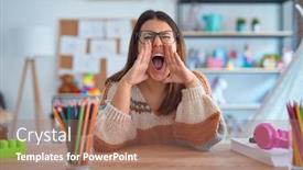  Presentation with teacher - Slide set featuring young-beautiful-teacher-woman-wearing background and a coral colored foreground