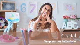  Presentation with romantic love - Slides with young-beautiful-teacher-woman-wearing background and a coral colored foreground