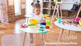  Presentation with cutlery food - Presentation design consisting of young beautiful toddler playing with cutlery and food toys on the table at kindergaten background and a coral colored foreground