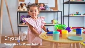  Presentation with cutlery food - Beautiful PPT theme featuring young beautiful toddler playing with cutlery and food toys on the table at kindergaten backdrop and a coral colored foreground