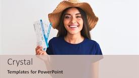  Presentation with ticket - Slide deck having young-beautiful-tourist-woman-holding background and a soft green colored foreground