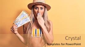  Presentation with airline - Amazing presentation having young-beautiful-tourist-woman-wearing backdrop and a yellow colored foreground