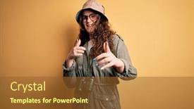  Presentation with explorer - Cool new presentation design with young-beautiful-tourist-woman backdrop and a tawny brown colored foreground