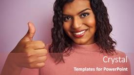  Presentation with transgender - Cool new presentation design with young beautiful transsexual transgender woman standing over isolated pink background happy with big smile doing ok sign thumb up with fingers excellent sign backdrop and a coral colored foreground