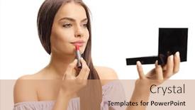  Presentation with lipstick - Presentation design featuring young-beautiful-woman-applying-lipstick background and a coral colored foreground