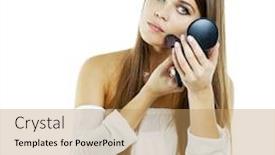  Presentation with brush - Presentation design having young beautiful woman applying powder on cheek with brush - isolated background and a coral colored foreground