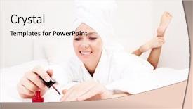  Presentation with nail - Theme with finger tip - young beautiful woman applying red background and a sky blue colored foreground