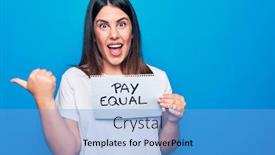  Presentation with gender equality - PPT theme consisting of young-beautiful-woman-asking background and a teal colored foreground