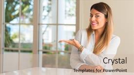  Presentation with home - Amazing slide set having young beautiful woman at home backdrop and a soft green colored foreground