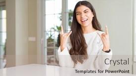  Presentation with rock star - Theme consisting of young beautiful woman at home on white table shouting with crazy expression doing rock symbol with hands up music star heavy concept background and a coral colored foreground