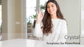  Presentation with home - Amazing PPT theme having young beautiful woman at home on white table smiling positive doing ok sign with hand and fingers successful expression backdrop and a light gray colored foreground
