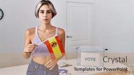  Presentation with political woman - Slide deck with young-beautiful-woman-at-political background and a coral colored foreground