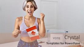  Presentation with election canada - Presentation design enhanced with young-beautiful-woman-at-political background and a coral colored foreground