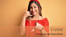  Presentation with telephone - Slide deck enhanced with young-beautiful-woman-colorful-summer background and a coral colored foreground