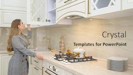  Presentation with cooking - Presentation design with young-beautiful-woman-cooking background and a soft green colored foreground