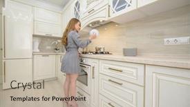  Presentation with cooking - Colorful presentation theme enhanced with young-beautiful-woman-cooking backdrop and a soft green colored foreground