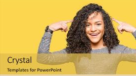  Presentation with curly hair - Slides having young beautiful woman curly hair wearing grey sweater smiling pointing head both hands finger great idea thought good memory background and a yellow colored foreground